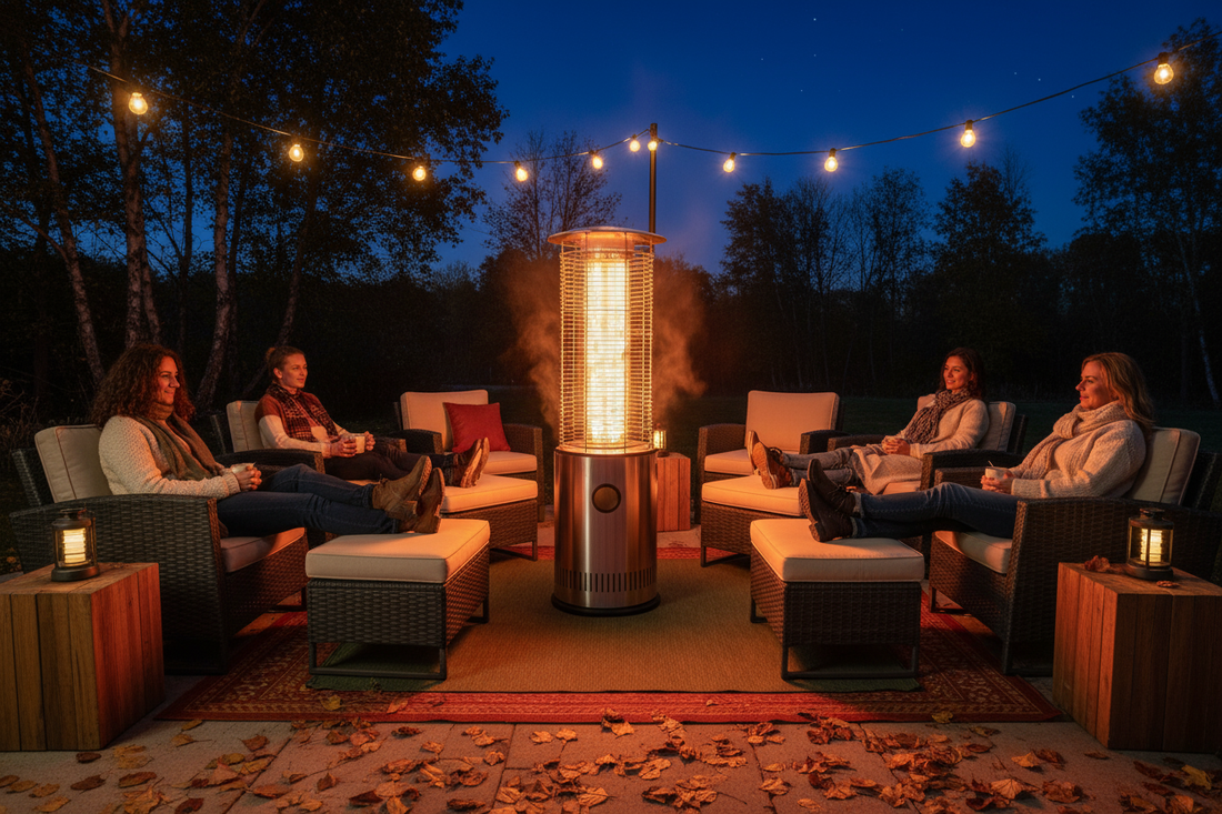 Patio heaters & wind-smart seating for longer evenings (Late-Fall Edition)