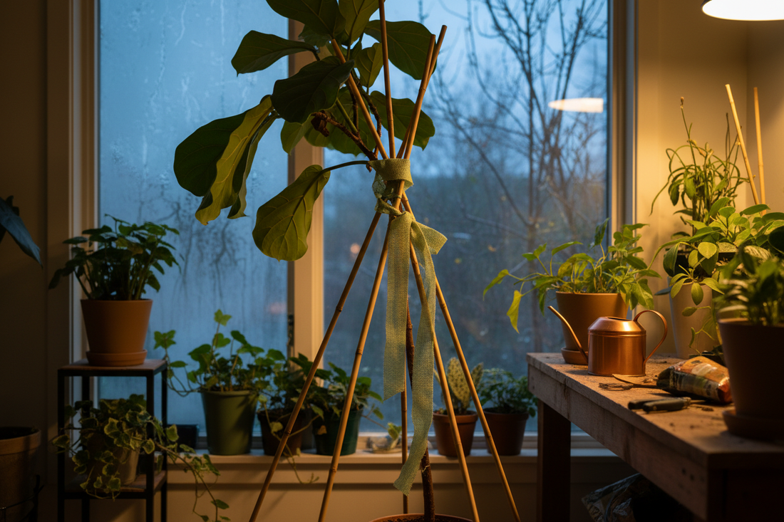 Plant stakes and ties: stop winter flop, train compact growth — Early-Winter Edition