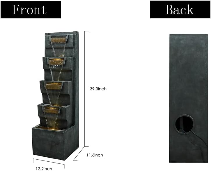 SunJet 39.3inches High Modern Water Fountain – 5-Tier Outdoor/Indoor Water Fountain with Soothing Water Sounds & Warm LED Light, Perfect for Garden, Patio, Home & Office
