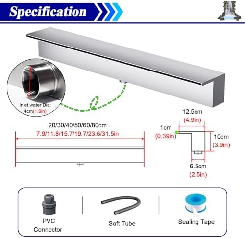 Waterfall Spillway 72 Inch - Garden Fountain Waterfall Embedded Mounting, Heavy Duty Stainless Steel Spray Water Accessories for Pond and Patio