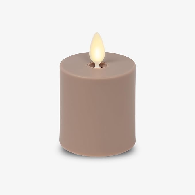 Luminara Outdoor Votive Flameless LED Candle, Timeless Taupe 2" x 3.2", Moving Flame Battery Operated Timer Remote Ready IPX4 Matte Plastic Finish