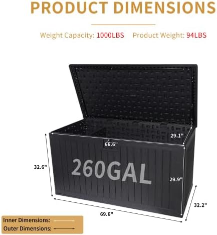 KUIKUI 320 Gallon Deck Box Waterproof, Extra Large Outdoor Storage Box Lockable with Divider and Lifter Prevent Water Seeping into from Floor for Patio Cushions