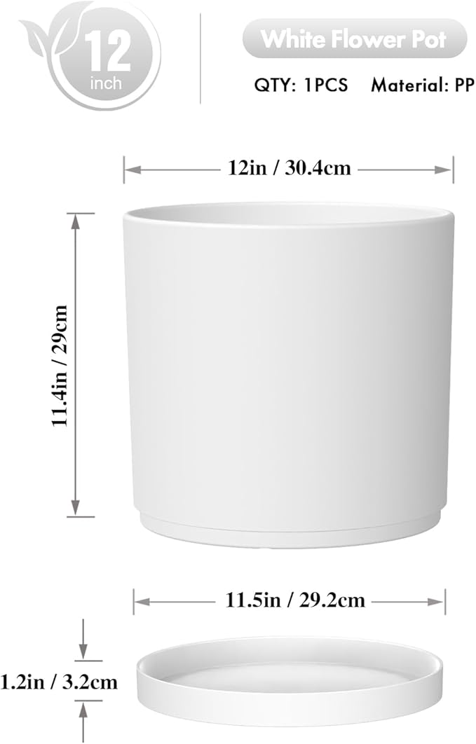 12 Inch Large Deep Flower Pots for Outdoor Indoor Plants, Cylinder Tall Plant Pots with Drainage Holes and Saucer, Big Decorative Plastic Planter Pots for Garden House Plants, White