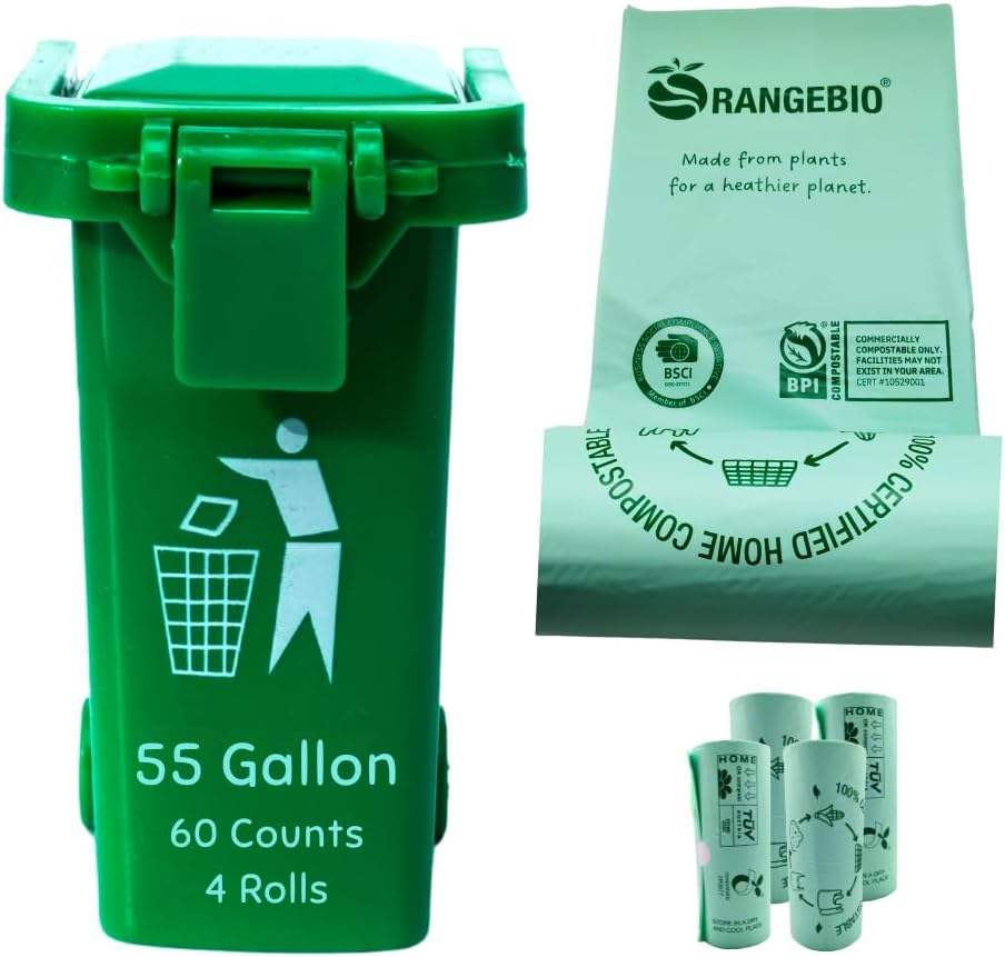 100% Certified Home Compostable Trash Bags, 55 Gallon, 60 Count, 1.5 Mils Extra Thick 38 x 58 Inches, 208 Liter, Compostable Liners, ASTM D6400 EN 13432 US BPI & OK Compost Home Certified