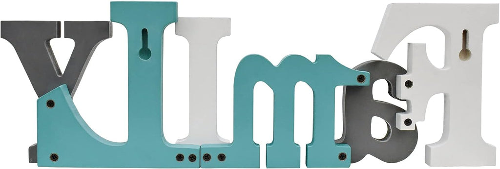 E-view Wooden Letters Sign Decorative Wood Block Signs Freestanding Word Cutout Distressed Teal Sign for Shelf Table Mantle Hanging Ornament Rustic Home Decor (Family)