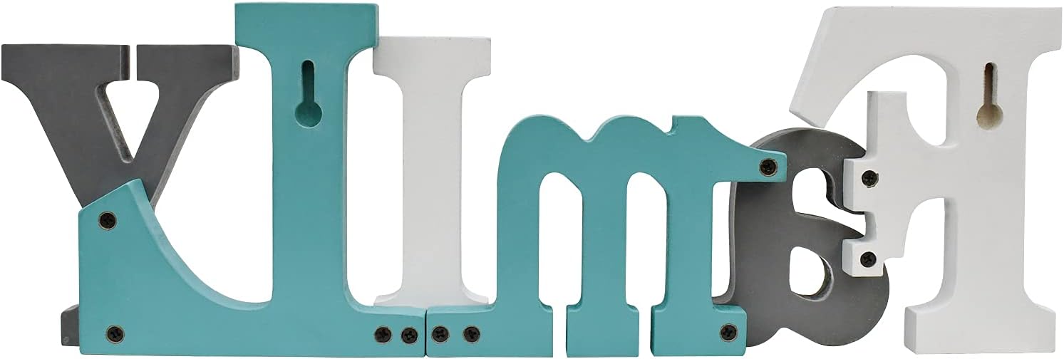 E-view Wooden Letters Sign Decorative Wood Block Signs Freestanding Word Cutout Distressed Teal Sign for Shelf Table Mantle Hanging Ornament Rustic Home Decor (Family)