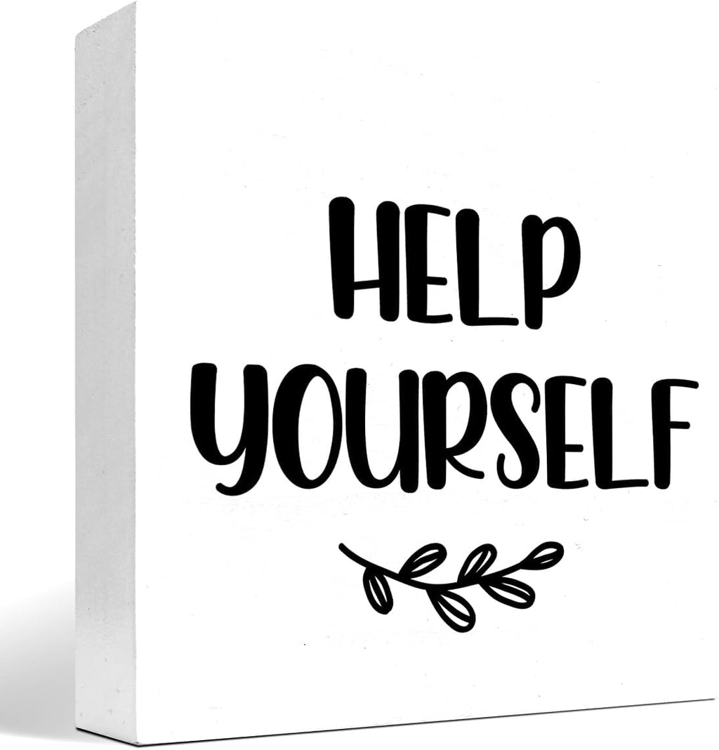 Help Yourself White Wood Block Sign Desk Decor,Rustic Wooden Box Plaque Sign for Home Bedroom Farmhouse Shelf Table Decor