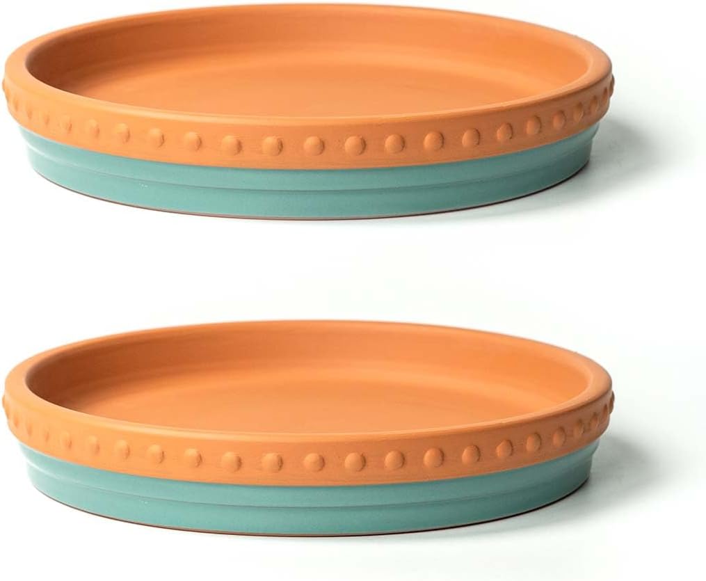 YBX 8-inch Plant Saucer Premium Terracotta Saucer Round Ceramic Plant Trays, Pack of 2 (Turquoise/Terracotta)