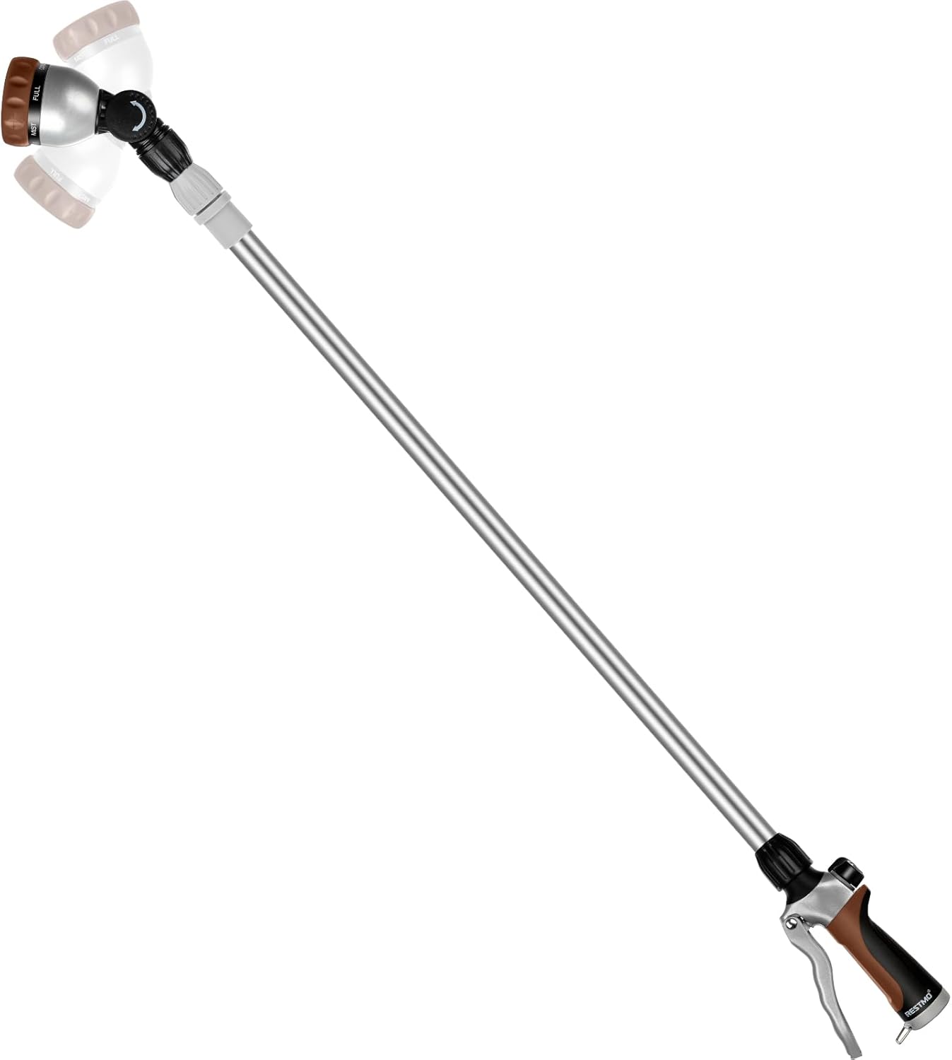 RESTMO 36”-60” Metal Watering Wand, Long Telescopic Tube | 180° Adjustable Ratcheting Head | 7 Spray Patterns | Flow Control, Garden Hose Sprayer to Water Hanging Baskets, Shrubs, Brown