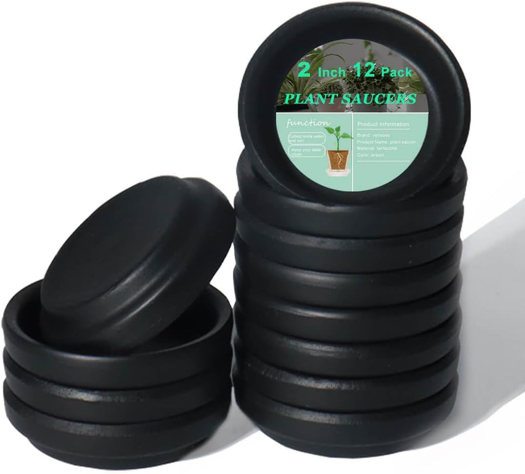 vensovo 2 Inch Black Terracotta Plant Saucer Pots Tray - 12 pcs Mini Planter Saucers for Indoor & Outdoor Plants, Small Clay Trays Perfect for 1 Inch 1.5Inch Flower Pot