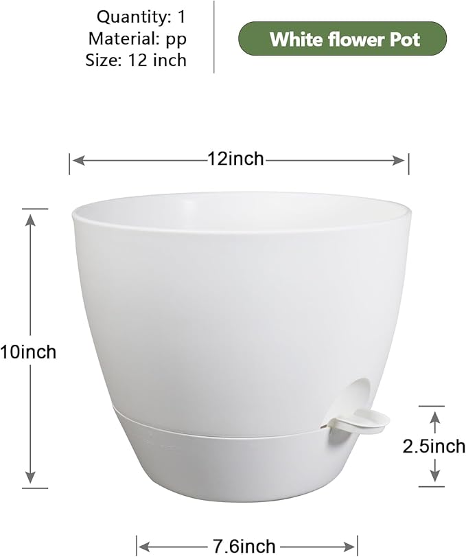 12 inch Large Self Watering Pots, Flower Plant Pots with Multi Mesh Drainage Holes for Indoor Outdoor Garden Plants and Flowers, Plastic Planters with Removable Reservoir, White