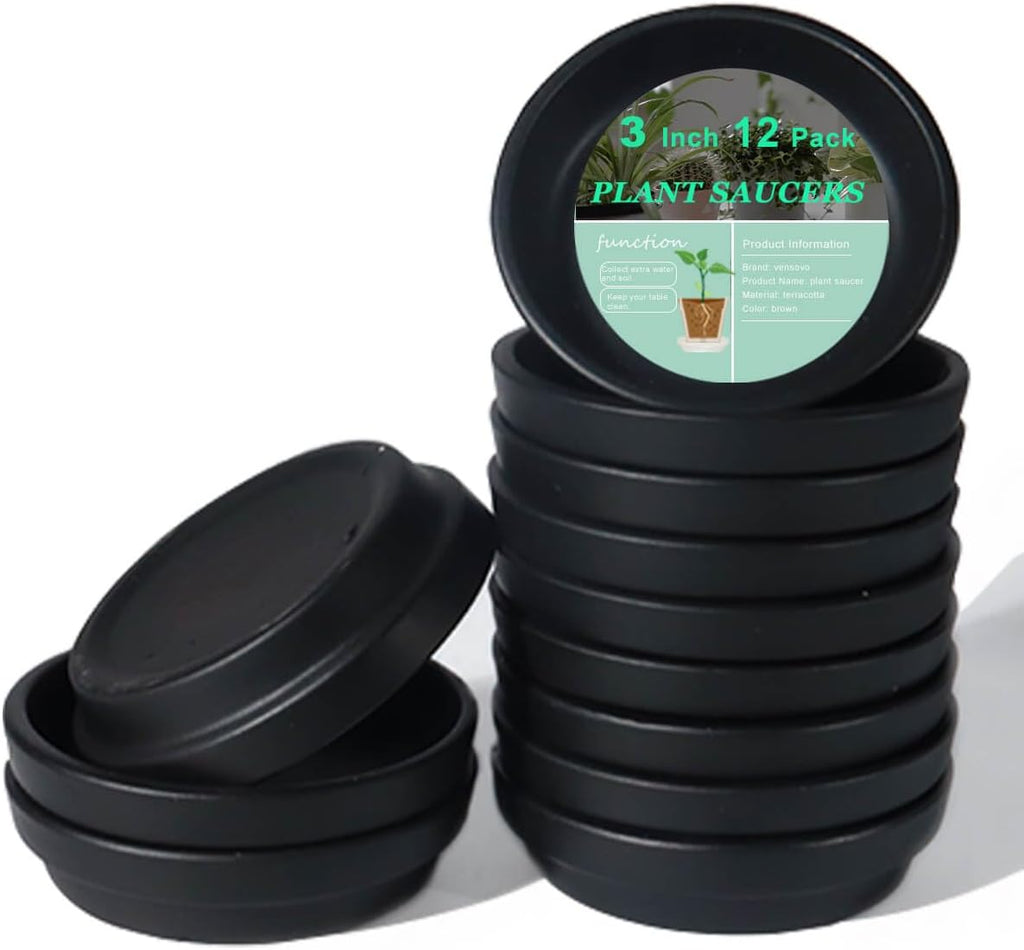 vensovo 3 Inch Black Terracotta Plant Saucer Pots Tray - 12 pcs Mini Planter Saucers for Indoor & Outdoor Plants, Small Clay Trays Perfect for 2 Inch 2.5Inch Flower Pot