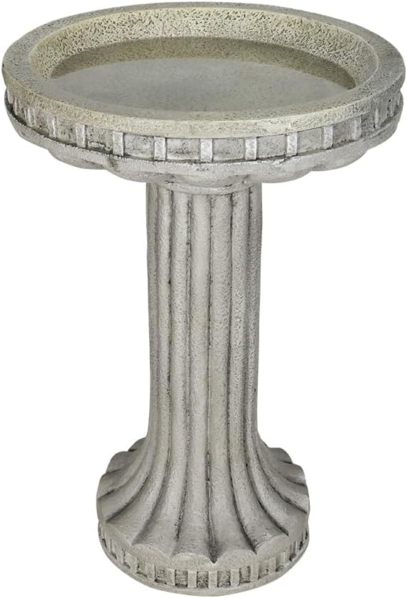 SunJet 24” H x 16” Dia Outdoor Birdbath with Classical Pedestal - Fibre Reinforced Concrete Birdbaths, Vintage Design for Garden Decor & Bird Attraction