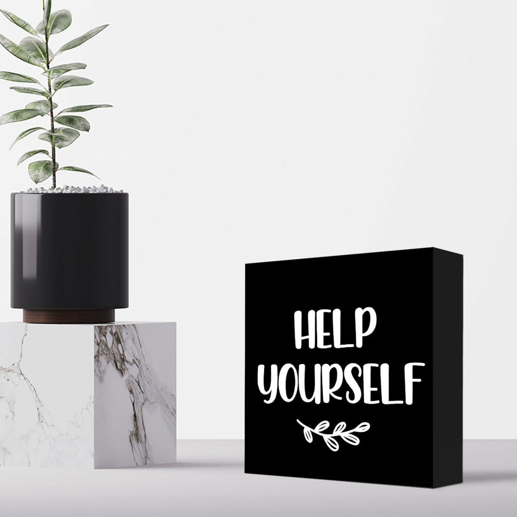 Help Yourself Black Wood Block Sign Desk Decor,Rustic Wooden Box Plaque Sign for Home Bedroom Farmhouse Shelf Table Decor