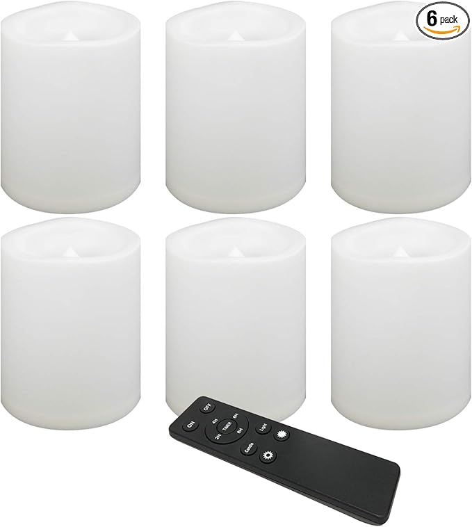 CANDLE CHOICE Waterproof Outdoor Battery Operated Flameless Candles Remote Timer White Plastic Realistic Flickering Fake Electric LED Pillars Lantern Garden Wedding Christmas Decorations 3”x4” 6 Pack