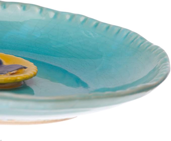 Topadorn Birdbath Ceramic Bowl Decor for Bee Bird Bath Outdoor Garden Vintage Yard,Blue with Yellow Flower