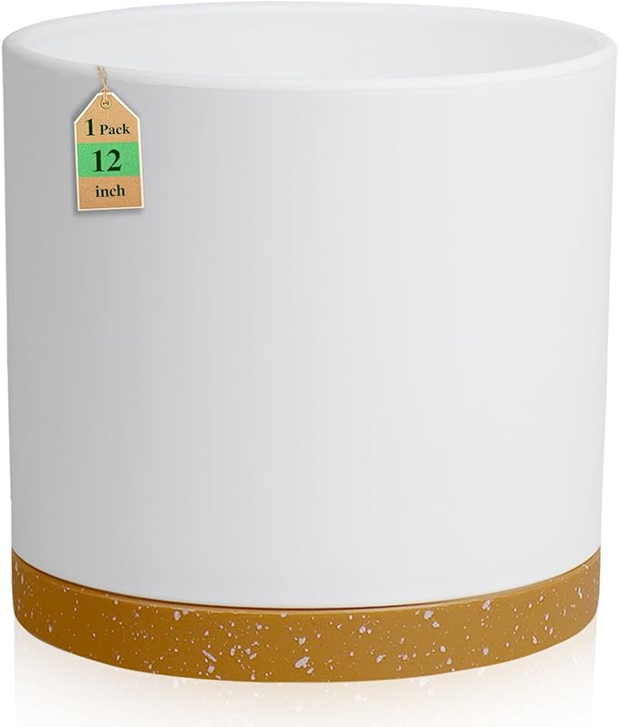 12 Inch Large Deep Plant Pots for Outdoor Indoor Plants, Cylinder Tall Flower Pots with Drainage Holes and Saucer, Big Decorative Plastic Planter Pots for Garden House Plants, White with Brown