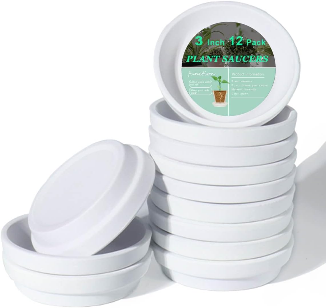 vensovo 3 Inch White Terracotta Plant Saucer Pots Tray - 12 pcs Mini Planter Saucers for Indoor & Outdoor Plants, Small Clay Trays Perfect for 2 Inch 2.5Inch Flower Pot