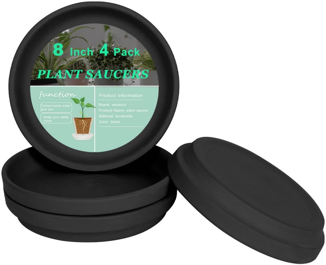 vensovo 8 Inch Black Terracotta Plant Saucer Pots Tray - 4 Pcs Round Planter Saucers for Indoor & Outdoor Plants, Large Clay Trays Perfect for 7 Inch 7.5 Inch 8 Inch Flower Pot
