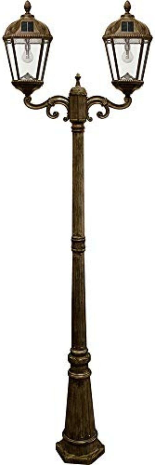 Gama Sonic Outdoor Solar Lamp Post Light Kit, Royal Bulb 300 Lumens, Double Head Weathered Bronze Cast Aluminum Post Lamp and Light Pole, Warm White Light 2700K, 98B302 (Upgraded Battery and Panel)