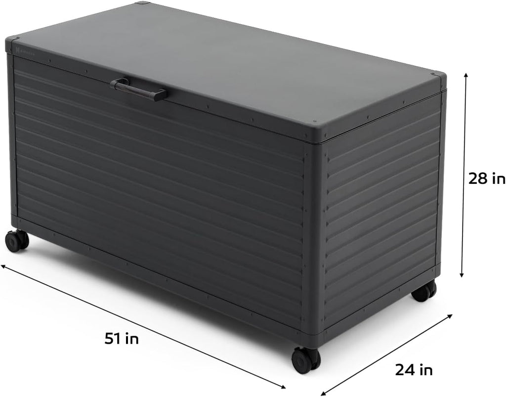 134 Gallon Outdoor Storage Box Waterproof, Metal Deck Box with wheels for Patio Furniture, Garden Tools, Outdoor Cushion, Charcoal