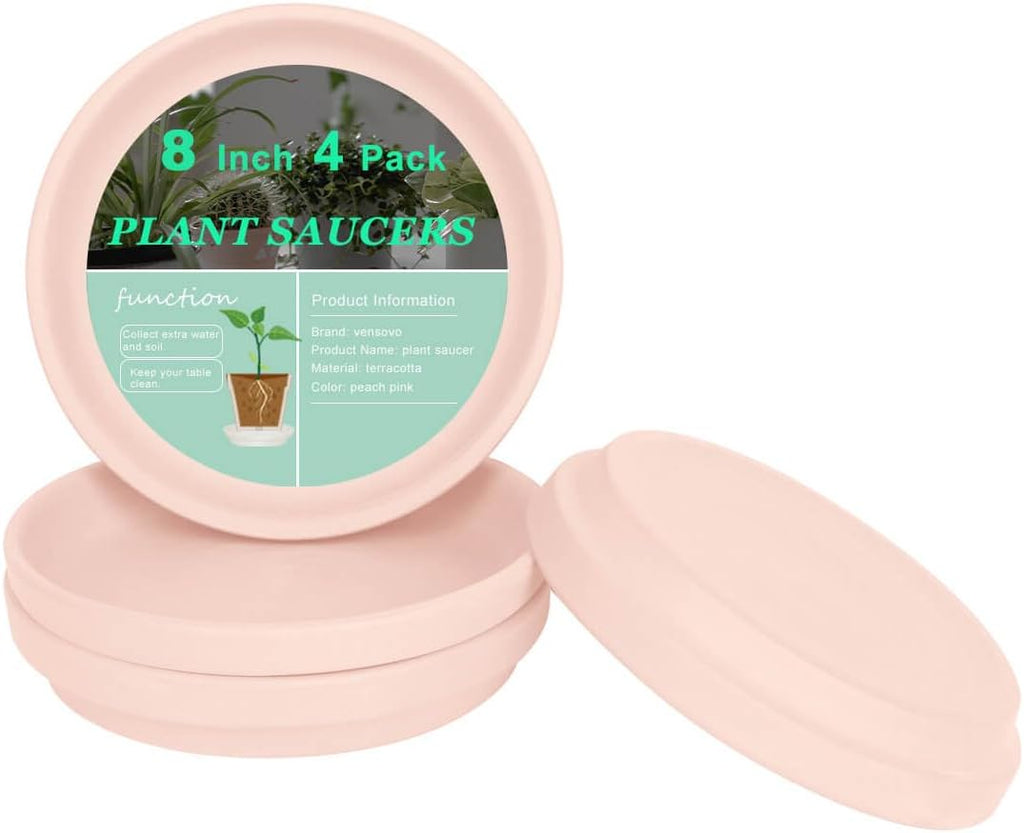 vensovo 8 Inch Pink Terracotta Plant Saucer Pots Tray - 4 Pcs Round Planter Saucers for Indoor & Outdoor Plants, Large Clay Trays Perfect for 7 Inch 7.5 Inch 8 Inch Flower Pot