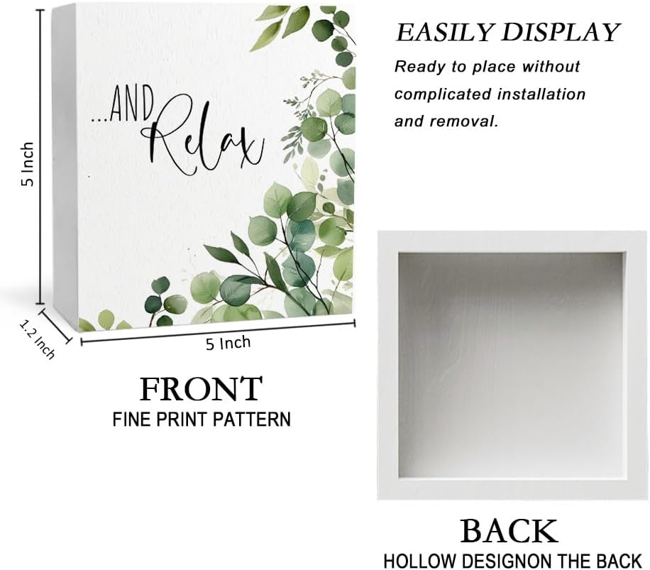 Relax Sign, Funny Bathroom Wooden Box Sign, Eucalyptus Botanical Wood Signs Plaque for Restroom Washroom Toilet Counter Shelf Table Decor, 5x5 Inch