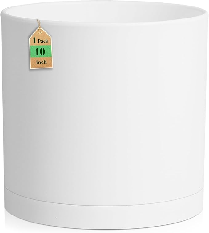 10 Inch Large Plant Pots for Indoor Outdoor Plants, Cylinder Deep Flower Pots with Drainage Holes and Saucer, Big Decorative Plastic Planter Pots for Garden House Plants, White