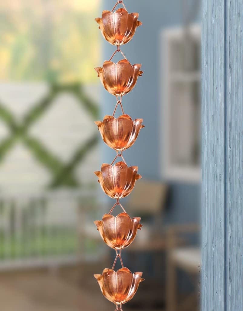 Monarch Rain Chains Pure Copper Lotus Rain Chain, 8.5 ft Decorative Rain Catcher Chain for Gutters, Large Rain Chains for Outside, Rain Gutter Replacement Downspout
