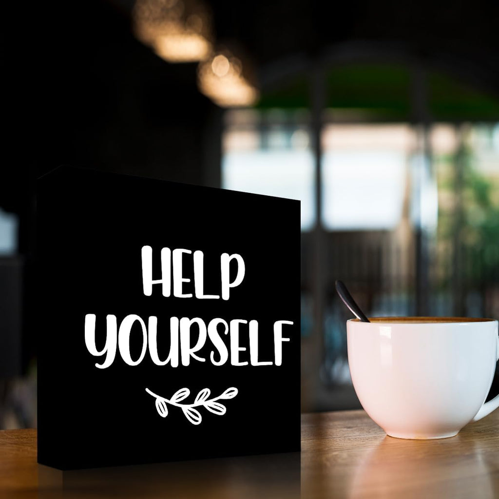 Help Yourself Black Wood Block Sign Desk Decor,Rustic Wooden Box Plaque Sign for Home Bedroom Farmhouse Shelf Table Decor