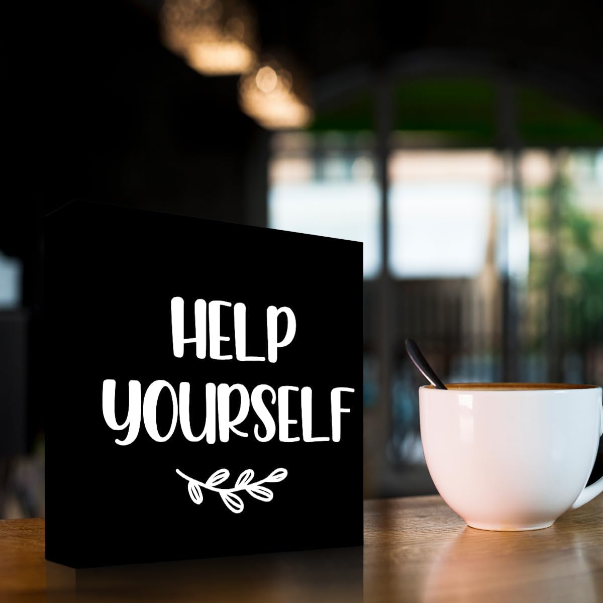 Help Yourself Black Wood Block Sign Desk Decor,Rustic Wooden Box Plaque Sign for Home Bedroom Farmhouse Shelf Table Decor