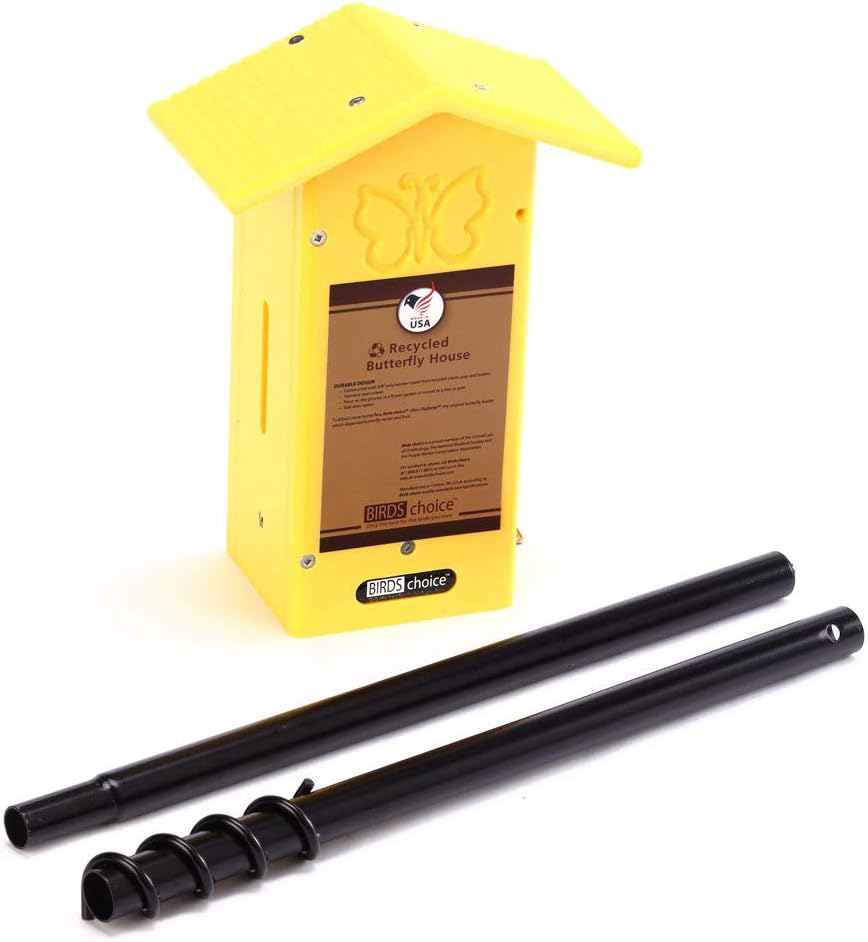 Birds Choice SNPMBFH Recycled Pole Mounted Butterfly House w/ Engraved Butterfly Silhouette, Butterfly House, 12.25", Yellow