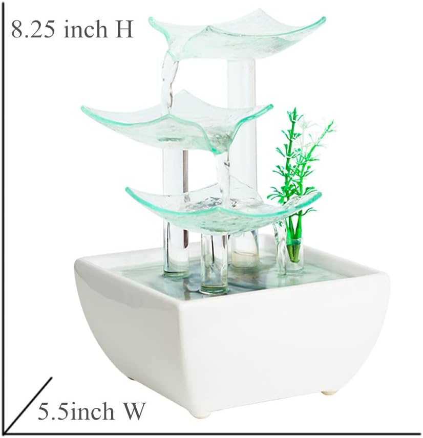 Ceramic and Glass Tabletop Fountain for Indoor and Home Decoration Table Desk Office Patio White