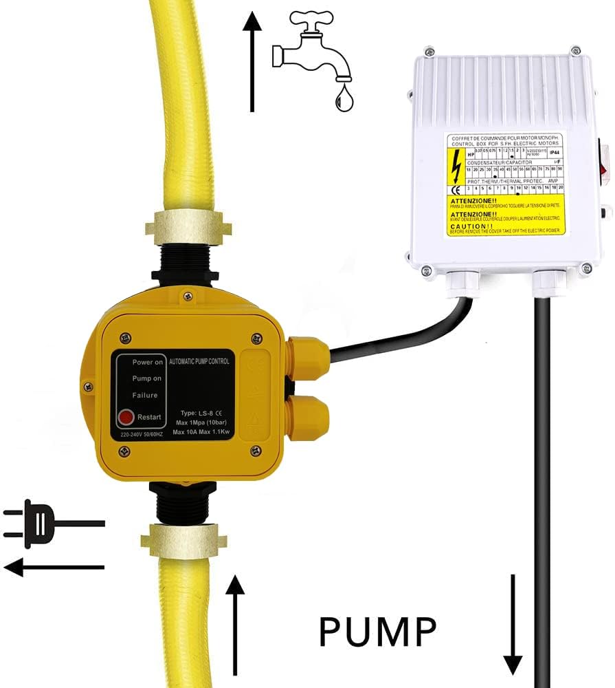 110V Deep Well Pump Accessories Controller for Submersible Pump - 1.1KW 1.5HP Switch Control Box With 60uf 25A Capacitor Starter