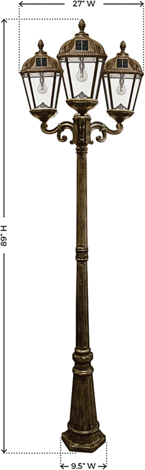Gama Sonic Royal Bulb Solar Lamp Post Light Kit, 89 inch Tall, Outdoor Triple Head Weathered Bronze Cast Aluminum, Rain Water Glass Light Pole, Warm White 2700K 98B303 (Upgraded Panel)