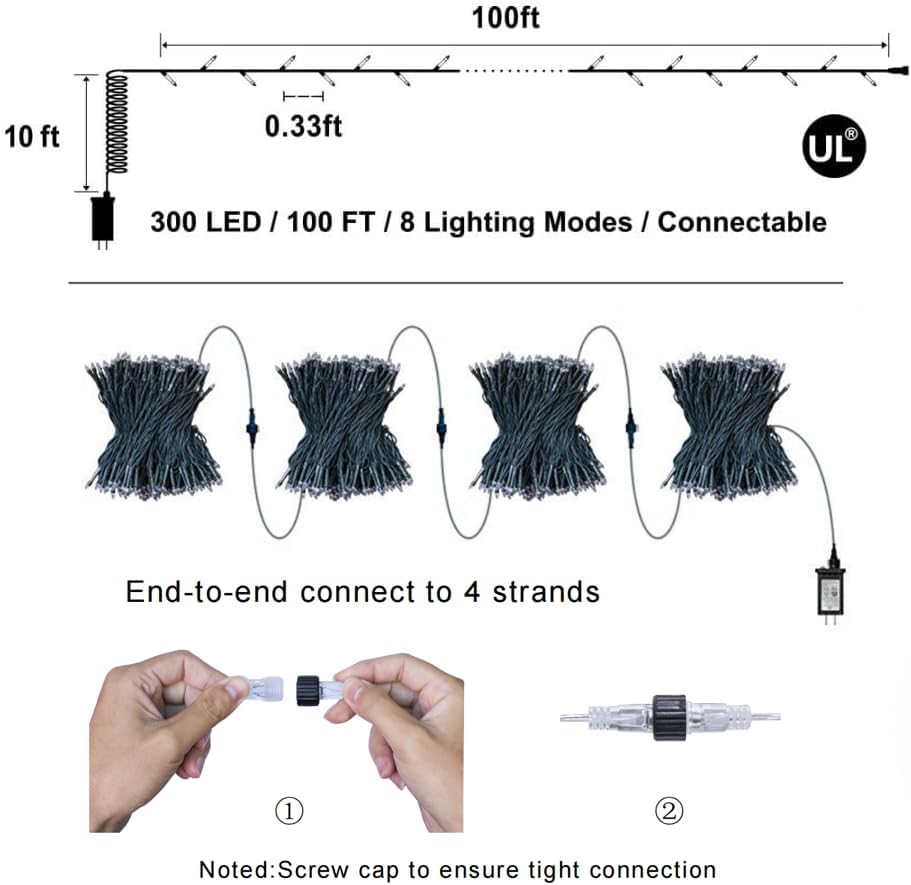 300LED Christmas Lights Indoor Outdoor Use Green Wire, 8 Lighting Modes 100FT Christmas Tree Lights with Timer & Memory, IP44 Waterproof for Tree Xmas Patio Yard Fence Balcony Garden Decor Multicolor