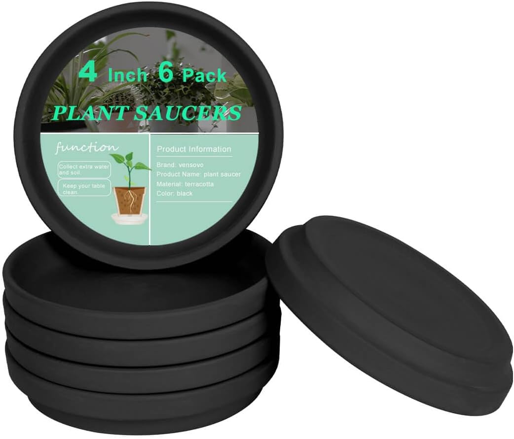 vensovo 4 Inch Black Terracotta Plant Saucer Pots Tray - 6 Pcs Round Planter Saucers for Indoor & Outdoor Plants, Small Clay Trays Perfect for 3 Inch 3.5 Inch 4 Inch Flower Pot