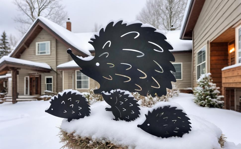 Metal Hedgehog Silhouette, Unique Garden Yard Art,Outdoor Halloween Decor for Patio,Decorative Garden Stakes,Metal Animals Yard Art,Cute Hedgehog Family