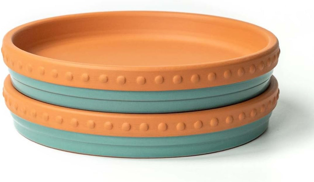 YBX 8-inch Plant Saucer Premium Terracotta Saucer Round Ceramic Plant Trays, Pack of 2 (Turquoise/Terracotta)