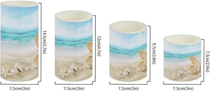 Flameless LED Battery Candles 4PCS Pillar Candles with 18-Key Timer Remote Colorful Light for Party Celebration Decor, Beach Mussel Starfish Seashell