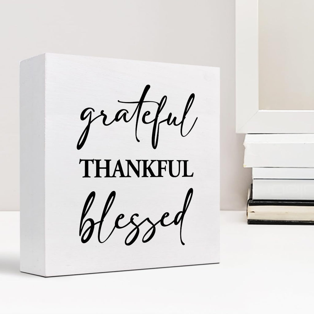 Grateful Thankful Blessed Motivational Wood Box Sign,Inspirational Wooden Block Sign for Home Bedroom Farmhouse Wall Shelf Table Decor