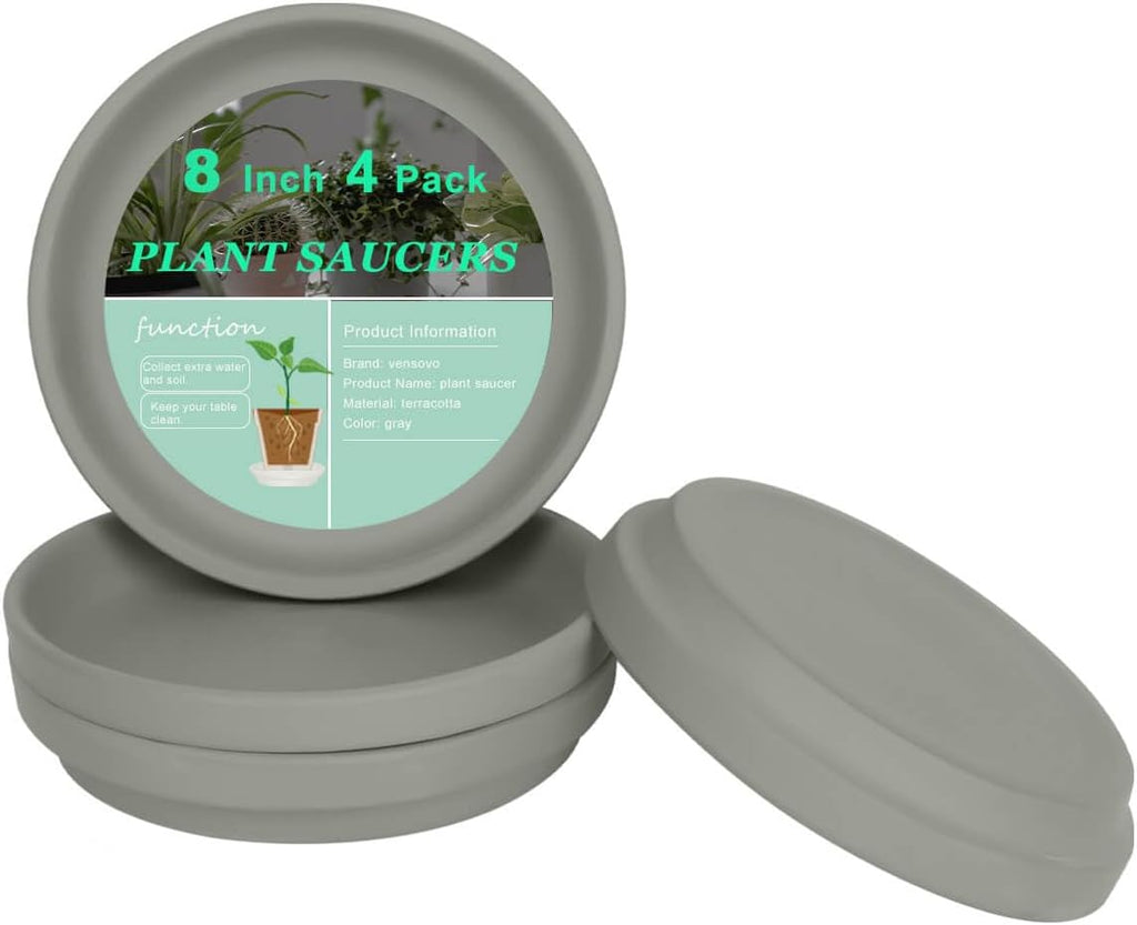 vensovo 8 Inch Grey Terracotta Plant Saucer Pots Tray - 4 Pcs Round Planter Saucers for Indoor & Outdoor Plants, Large Clay Trays Perfect for 7 Inch 7.5 Inch 8 Inch Flower Pot