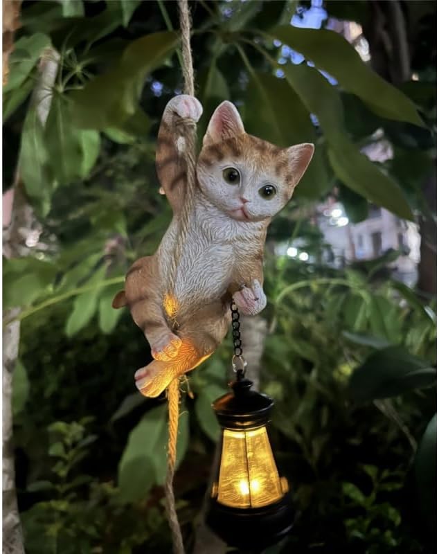 Cat Garden Decor Outdoor Statues Resin Climbing Twine with LED Light Waterproof Hanging Animal Figurine for Garden Wall Balcony Tree Decoration Gift