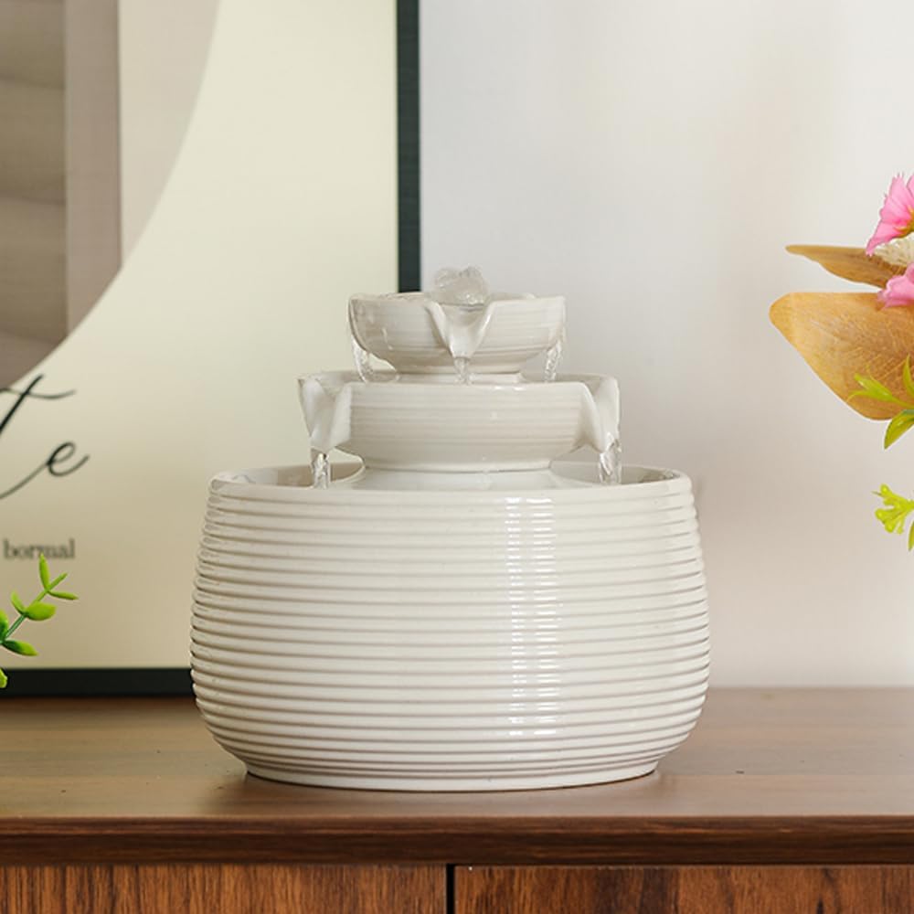 Outdoor and Indoor Water Feature Fountain Waterfall Tabletop Desktop mini Ceramic Garden Fountain (White A170)