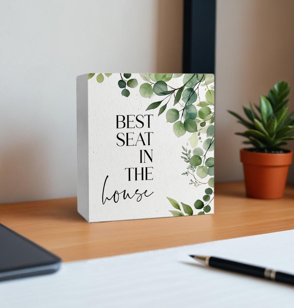 Funny Bathroom Signs, Best Seat in the House Wooden Box Sign, Eucalyptus Botanical Wood Signs Plaque for Restroom Washroom Toilet Counter Shelf Table Decor, 5x5 Inch