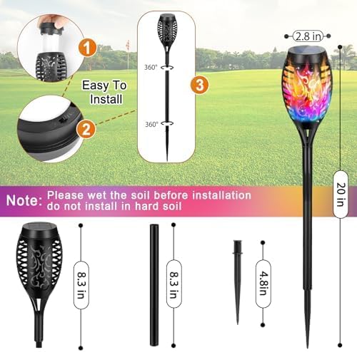 12 Pack Solar Torch Lights Outdoor Waterproof - Multicolor Flickering Flame, Outdoor Solar Garden Lights for Yard, Tiki Torches for Outside Patio Pathway Decorations