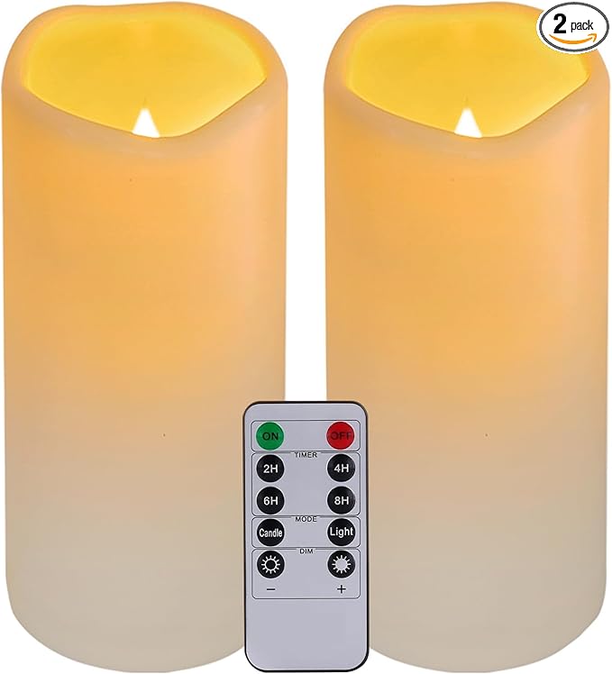 Flickering Flameless LED Candles with 10-Key Remote & Timer, Waterproof Outdoor Indoor f Battery Operated Candles for Home/Wedding/Festival Décor Set of 2 (D3 x H5.5) Ivory