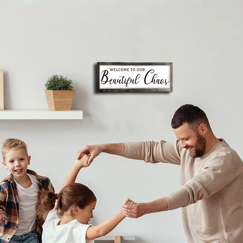 Dazingart Welcome To Our Beautiful Chaos Sign, Farmhouse Wood Sign, Framed Home and Living Room Decor Housewarming Gift Spring Home Decor (Beautiful Chaos)