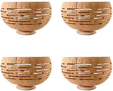 Set of 4 Horizons Coconut Planters w/Drainage Hole- Perfect for Succulents, Flowers, Small Plants, Indoor & Outdoor Gardens- Handcarved by Artisans, Eco-Friendly & Sustainable