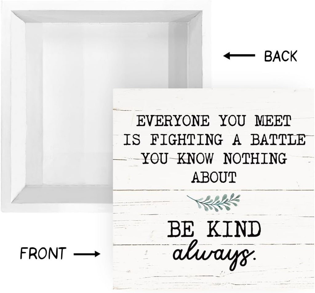 Inspirational Wood Block Signs, Positive Wood Decor, Shelf Table Decor, Desktop Decoration for Home Room Bedroom Office, Rustic Decorative Box Signs, Be Kind Always Sign, White